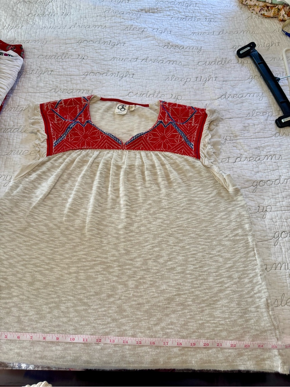 One September by Anthropologie Burnout Slub-knit Top w/ Red Embroidered Yoke - Picture 6 of 8